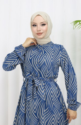 Viskon Kumaş Desenli Elbise 4074-05 İndigo
