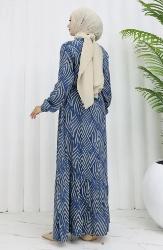Viskon Kumaş Desenli Elbise 4074-05 İndigo