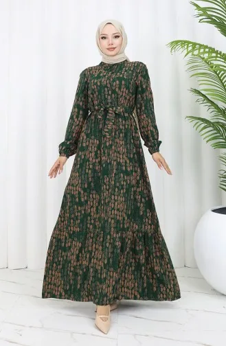 Viscose Fabric Buttoned Belted Dress 4075-01 Emerald Green 4075-01