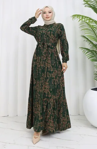 Viscose Fabric Buttoned Belted Dress 4075-01 Emerald Green 4075-01