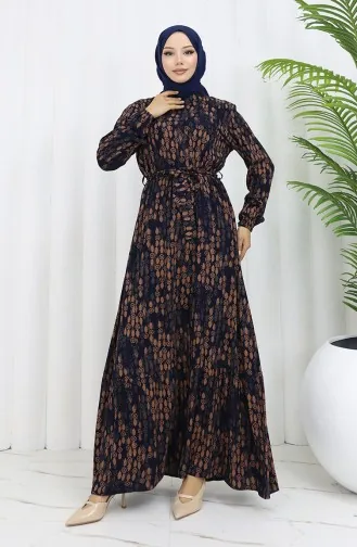 Viscose Fabric Buttoned Belted Dress 4075-02 Navy Blue 4075-02