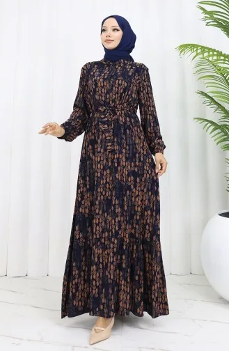 Viscose Fabric Buttoned Belted Dress 4075-02 Navy Blue 4075-02