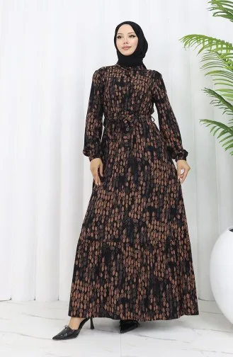 Viscose Fabric Buttoned Belted Dress 4075-03 Black Milk Coffee 4075-03