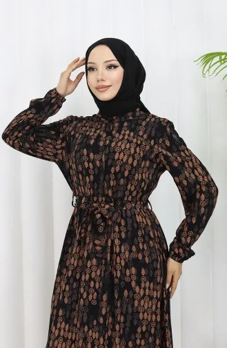 Viscose Fabric Buttoned Belted Dress 4075-03 Black Milk Coffee 4075-03