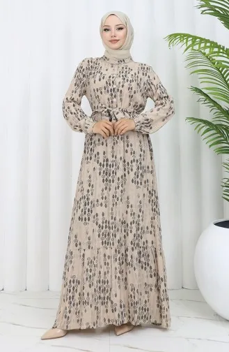 Viskon Kumaş Düğmeli Kuşaklı Elbise 4075-04 Vizon