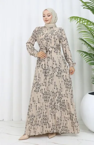 Viskon Kumaş Düğmeli Kuşaklı Elbise 4075-04 Vizon