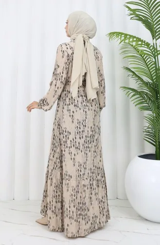 Viskon Kumaş Düğmeli Kuşaklı Elbise 4075-04 Vizon