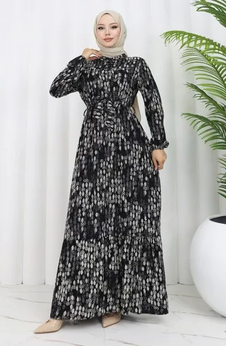 فستان من قماش الفيسكوز بأزرار وحزام 4075-05 أسود وأبيض 4075-05