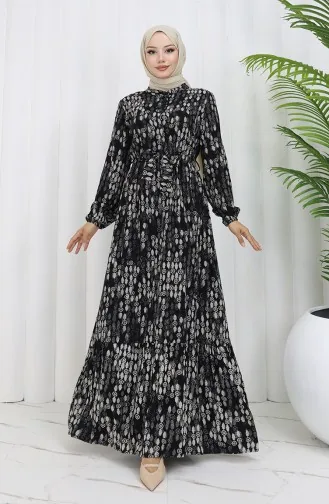 فستان من قماش الفيسكوز بأزرار وحزام 4075-05 أسود وأبيض 4075-05