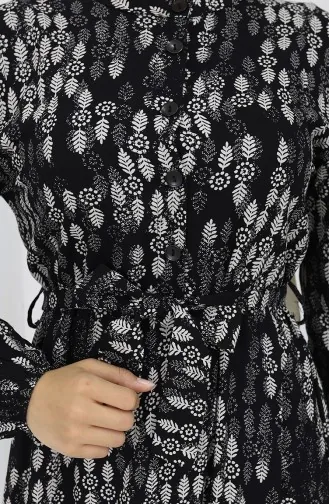 فستان من قماش الفيسكوز بأزرار وحزام 4075-05 أسود وأبيض 4075-05