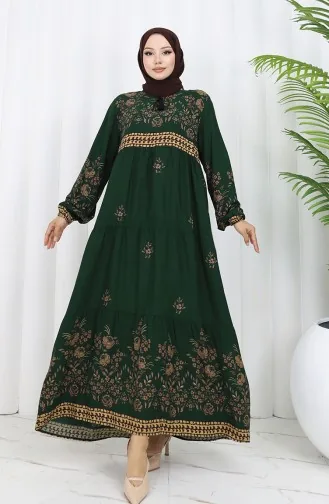 Büyük Beden Çiçek Desenli Viskon Elbise 4084-06 Zümrüt Yeşil