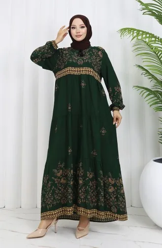 Büyük Beden Çiçek Desenli Viskon Elbise 4084-06 Zümrüt Yeşil