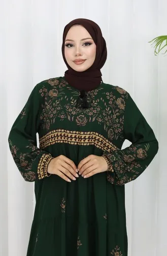 Büyük Beden Çiçek Desenli Viskon Elbise 4084-06 Zümrüt Yeşil