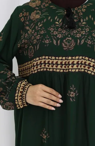 Büyük Beden Çiçek Desenli Viskon Elbise 4084-06 Zümrüt Yeşil