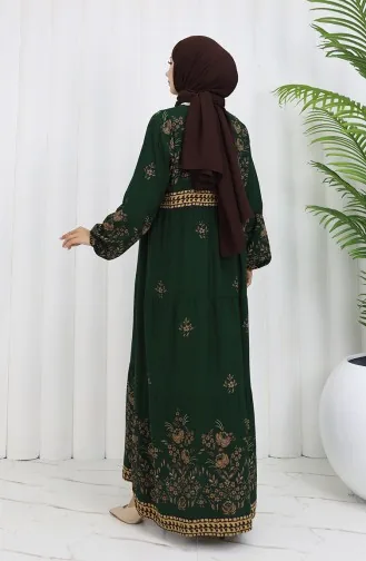 Büyük Beden Çiçek Desenli Viskon Elbise 4084-06 Zümrüt Yeşil
