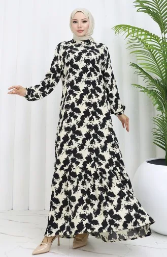 Viskon Kumaş Kolu Lastikli Desenli Elbise 2034-01 Siyah