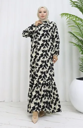 Viskon Kumaş Kolu Lastikli Desenli Elbise 2034-01 Siyah