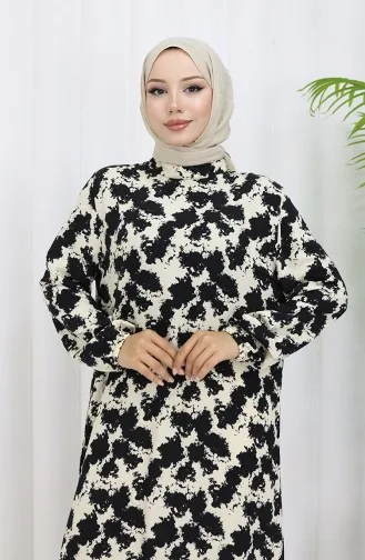 Viskon Kumaş Kolu Lastikli Desenli Elbise 2034-01 Siyah