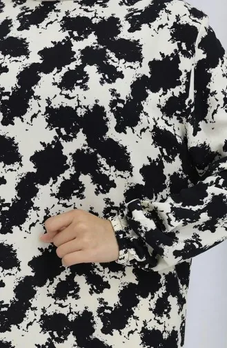 Viskon Kumaş Kolu Lastikli Desenli Elbise 2034-01 Siyah