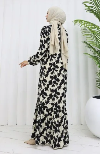 Viskon Kumaş Kolu Lastikli Desenli Elbise 2034-01 Siyah