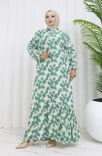 Viskon Kumaş Kolu Lastikli Desenli Elbise 2034-02 Çağla Yeşili