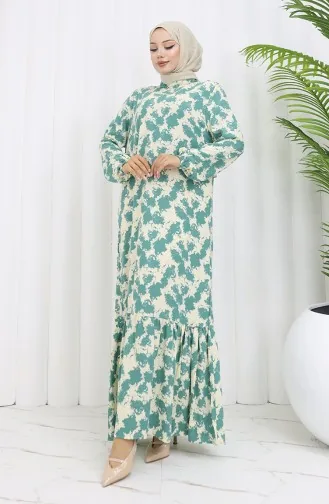Viskon Kumaş Kolu Lastikli Desenli Elbise 2034-02 Çağla Yeşili