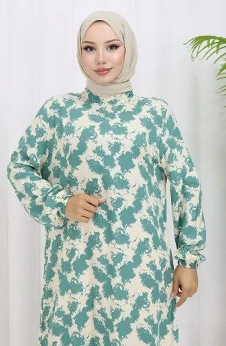 Viskon Kumaş Kolu Lastikli Desenli Elbise 2034-02 Çağla Yeşili