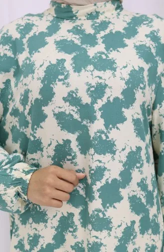 Viskon Kumaş Kolu Lastikli Desenli Elbise 2034-02 Çağla Yeşili