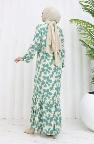 Viskon Kumaş Kolu Lastikli Desenli Elbise 2034-02 Çağla Yeşili