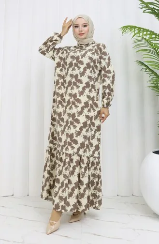 Viskon Kumaş Kolu Lastikli Desenli Elbise 2034-03 Vizon