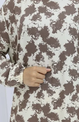 Viskon Kumaş Kolu Lastikli Desenli Elbise 2034-03 Vizon