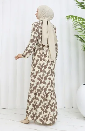 Viskon Kumaş Kolu Lastikli Desenli Elbise 2034-03 Vizon