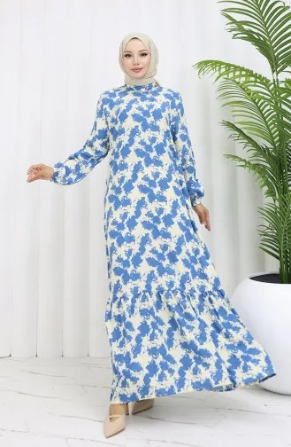 Viskon Kumaş Kolu Lastikli Desenli Elbise 2034-04 İndigo