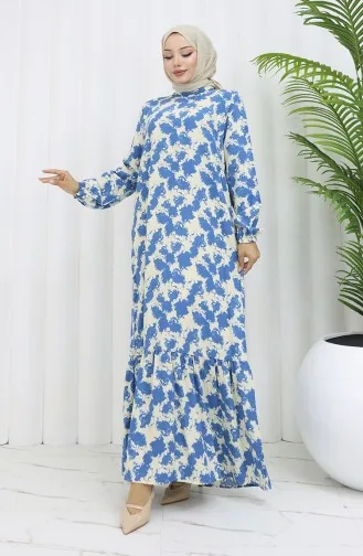 Viskon Kumaş Kolu Lastikli Desenli Elbise 2034-04 İndigo