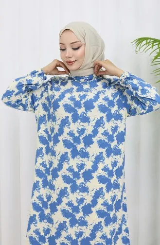Viskon Kumaş Kolu Lastikli Desenli Elbise 2034-04 İndigo