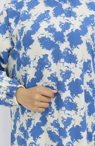 Viskon Kumaş Kolu Lastikli Desenli Elbise 2034-04 İndigo