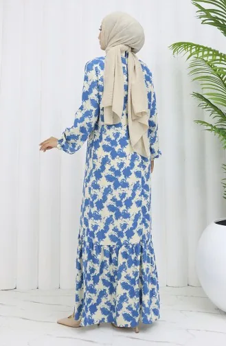 Viskon Kumaş Kolu Lastikli Desenli Elbise 2034-04 İndigo