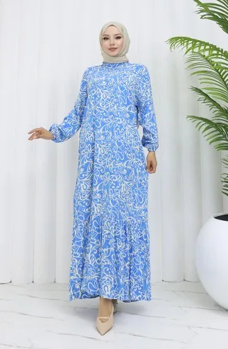 Viskon Kumaş Kolu Lastikli Desenli Elbise 2036-01 Mavi