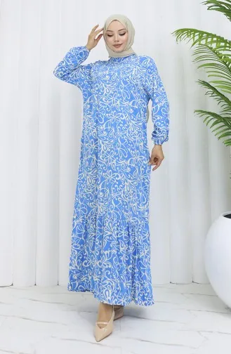 Viskon Kumaş Kolu Lastikli Desenli Elbise 2036-01 Mavi