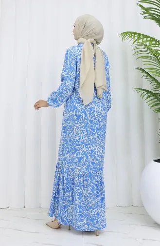 Viskon Kumaş Kolu Lastikli Desenli Elbise 2036-01 Mavi