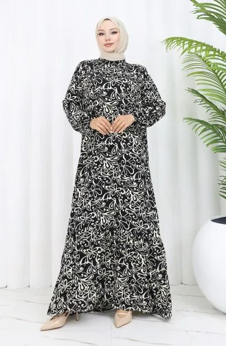 Viskon Kumaş Kolu Lastikli Desenli Elbise 2036-03 Siyah