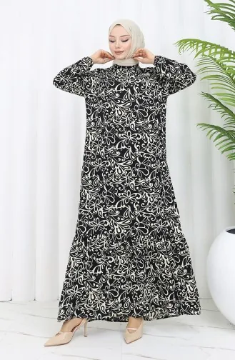 Viskon Kumaş Kolu Lastikli Desenli Elbise 2036-03 Siyah