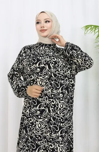 Viskon Kumaş Kolu Lastikli Desenli Elbise 2036-03 Siyah