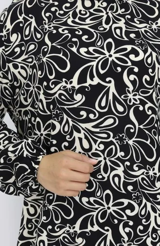 Viskon Kumaş Kolu Lastikli Desenli Elbise 2036-03 Siyah