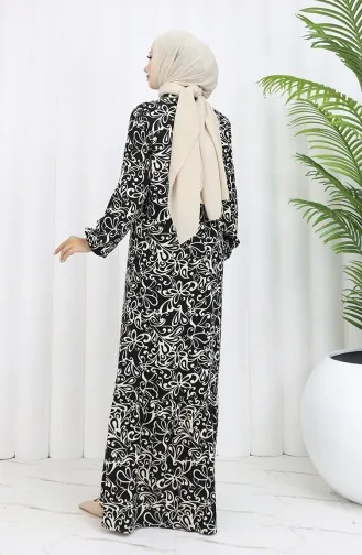 Viskon Kumaş Kolu Lastikli Desenli Elbise 2036-03 Siyah