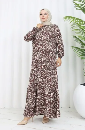 Viskon Kumaş Kolu Lastikli Desenli Elbise 2036-04 Kahverengi