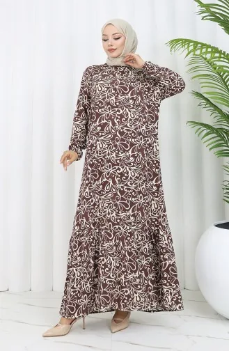 Viskon Kumaş Kolu Lastikli Desenli Elbise 2036-04 Kahverengi