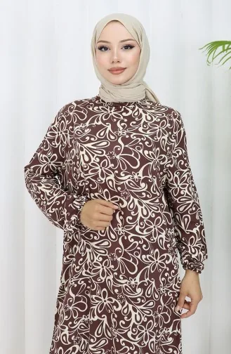 Viskon Kumaş Kolu Lastikli Desenli Elbise 2036-04 Kahverengi