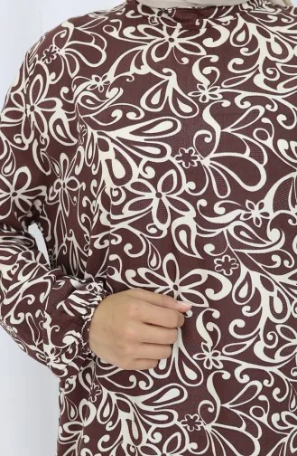 Viskon Kumaş Kolu Lastikli Desenli Elbise 2036-04 Kahverengi