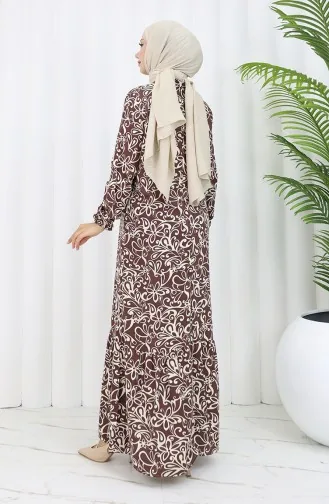Viskon Kumaş Kolu Lastikli Desenli Elbise 2036-04 Kahverengi